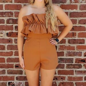 Brown Ruffled Strapless Romper